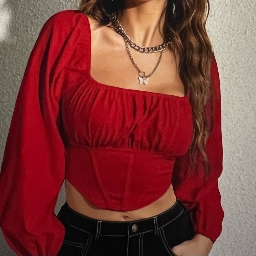 SHEIN Privé Ruched Bust Square Neck Bishop Sleeve Blouse SZ M